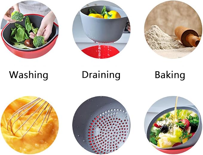 2 Pcs Plastic Mixing Bowls with Colander, 5qt - Nesting Bowls for Kitchen Cooking and Baking Supplies, Red & Gray (Red)