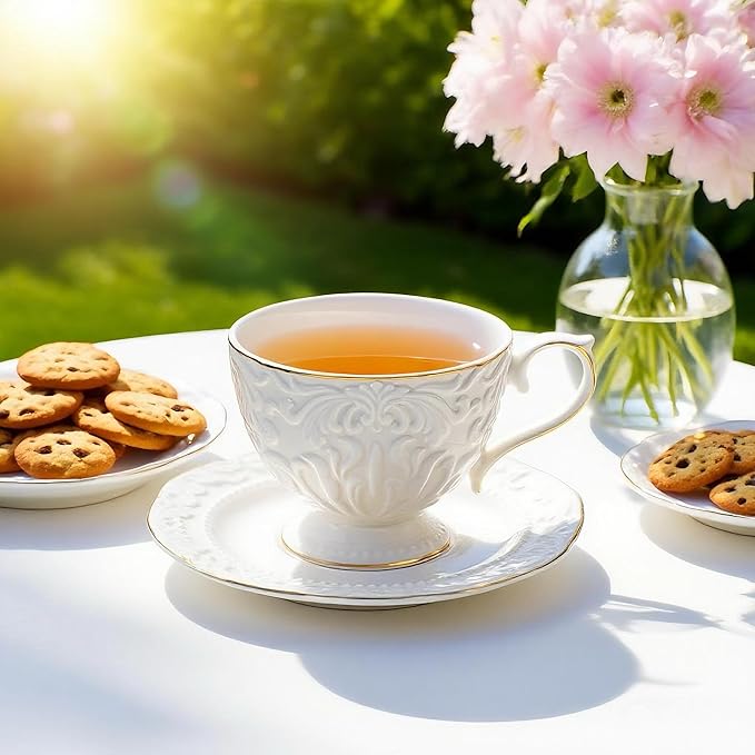 Cups and Saucers Tea Cups Set of 2, Ceramic Coffee Cups with Floral Embossed Design, 200ml (7 oz) Tea Cups and Saucers Porcelain Mugs for Birthday Party Cafe Home Gift