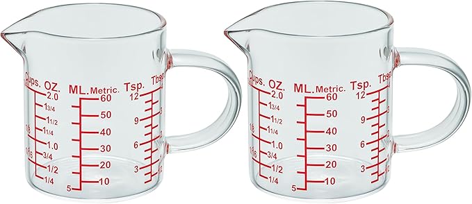 Measure Glass -[Insulated handle | V-Shaped Spout]-Made of High Borosilicate Glass Measuring for Kitchen or Restaurant, Easy to Read, 60 ML (2 Oz) 丨(2 Pack)