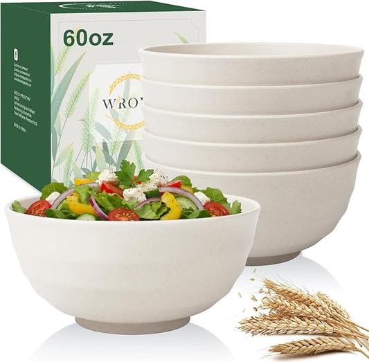 Wrova 60oz Wheat Straw Bowls Set of 6 - Unbreakable large Serving Bowl for Kitchen, Plastic Bowls Microwave Safe Cereal and Salad Bowls, Lightweight Large Chip Bowls for Party,Dorm- White