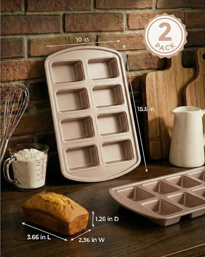 CARTMAN 2-Pack 8-Cavity Mini Loaf Pans Set with Spatula & Brush – 15.5” x 10” Nonstick Carbon Steel Small Bread Pan for Banana Bread, Meatloaf & Keto Snacks Champagne Gold