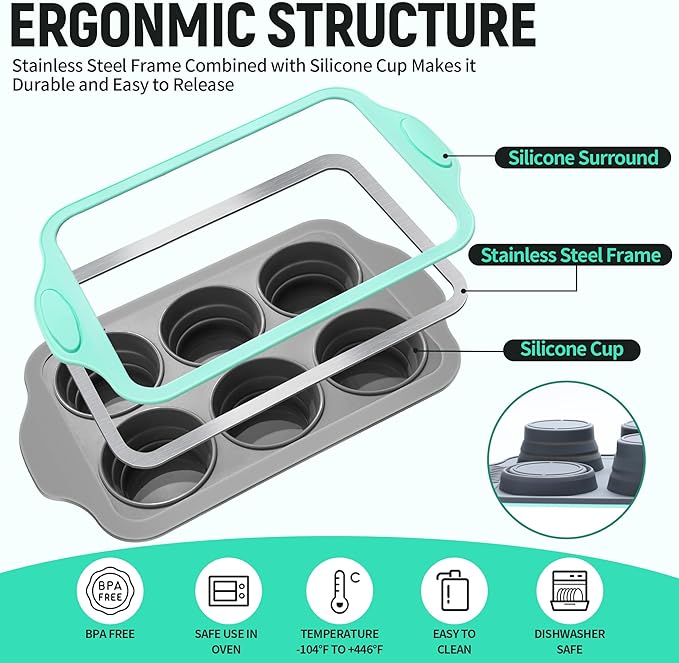 Muffin Pans for Baking 6 Cups, Silicone Foldable Muffin Pan with Metal Frame, Collapsible Cupcake Pan, Egg Bite Molds, Muffin Tin Tray for Baking Homemade Brownies Puddings(1)