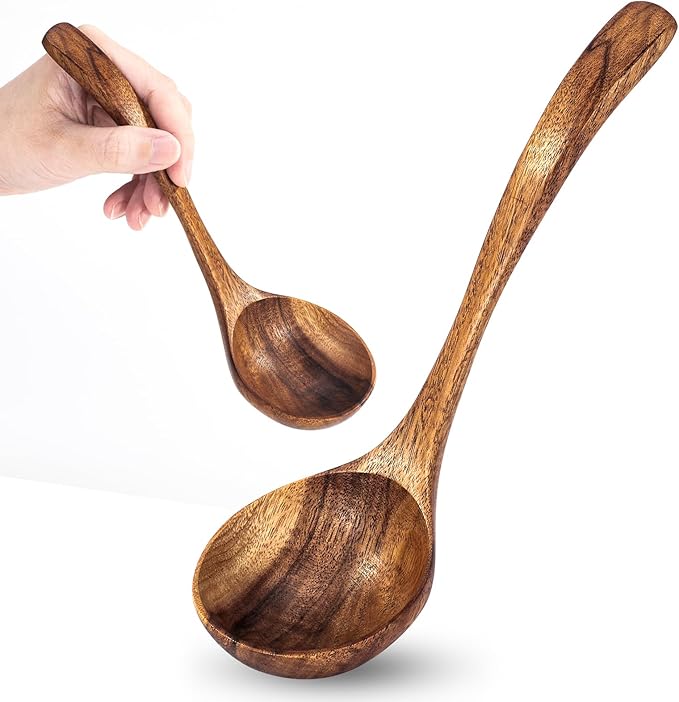 Wooden Soup Ladle, Non-Toxic Non-Scratch Natural Acacia Wood Serving Spoon for Soup, Gravy, Sauces & Porridge, Ideal for Home Dining, Buffets & Daily Meals, 7.48 Inch