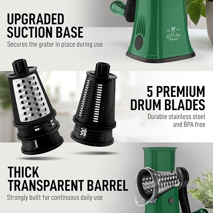 Zulay Kitchen Rotary Cheese Grater 5 Blade Cheese Shredder - Manual Hand Crank Cheese Grater With Reinforced Suction & 5 Interchangeable Drums - Easy to Use, Vegetable Chopper Round Mandoline Slicer