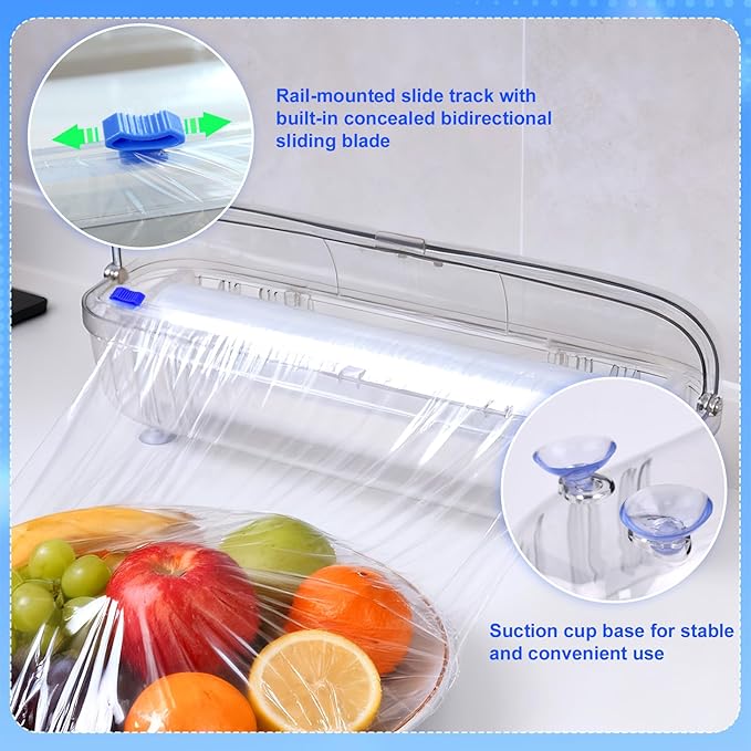Kitchen Food Preservation Storage Set Reusable Dispenser - Nail-Free Wall Mounting/Countertop Use Cutting Box - Includes 1 Roll of Food-Grade PE Plastic Wrap 12 inch x 492 ft