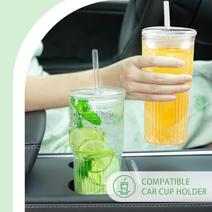 Glass Cups with Lids and Glass Straws, High Borosilicate 20OZ Tumblers for Coffee, Tea, Juice, Smoothies, Hot/Cold Drinks at Home, Office