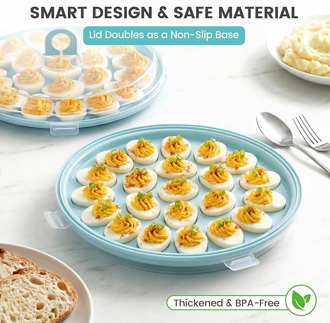 HAKSEN Deviled Egg Containers with Lid, Portable Deviled Egg Platter Carrier Holder Trays with 22 Slots for Holiday Party and Home Kitchen, Blue
