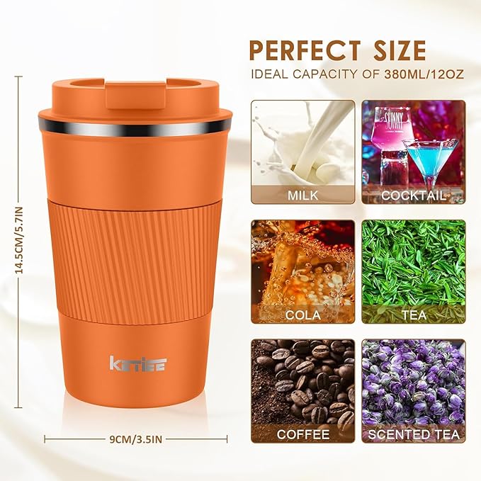 KETIEE 12oz Insulated Travel Mug, Vacuum Stainless Steel Double Walled Reusable Coffee Cup with Leakproof Lid, Travel Tumbler Coffee Mug to Go for Hot and Iced Tea Water (Orange)