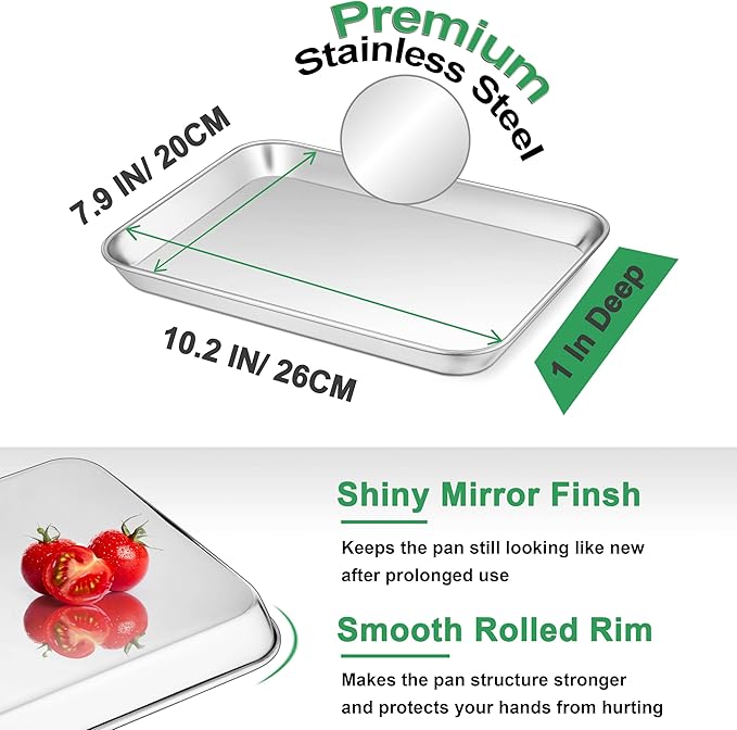10.4 Inch Baking Sheet Pan, Joyfair Stainless Steel Cookie Sheet Toaster Oven Tray, Professional Bakeware for Cookie/Bacon/Bread, Rolled Rim & Mirror Finish, Rust Resistant & Dishwasher Safe