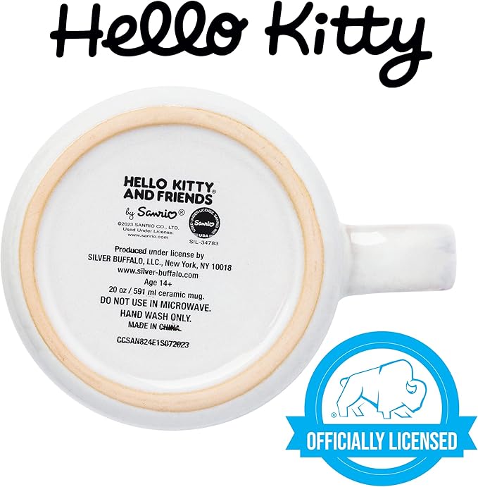Silver Buffalo Sanrio Hello Kitty and Friends Featuring My Melody, Badtz-Maru, Pochacco, Keroppi, Pompompurin, Cinnamoroll, Kuromi, and Tuxedo Sam Reactive Glaze Ceramic Camper Mug, 20 Ounces