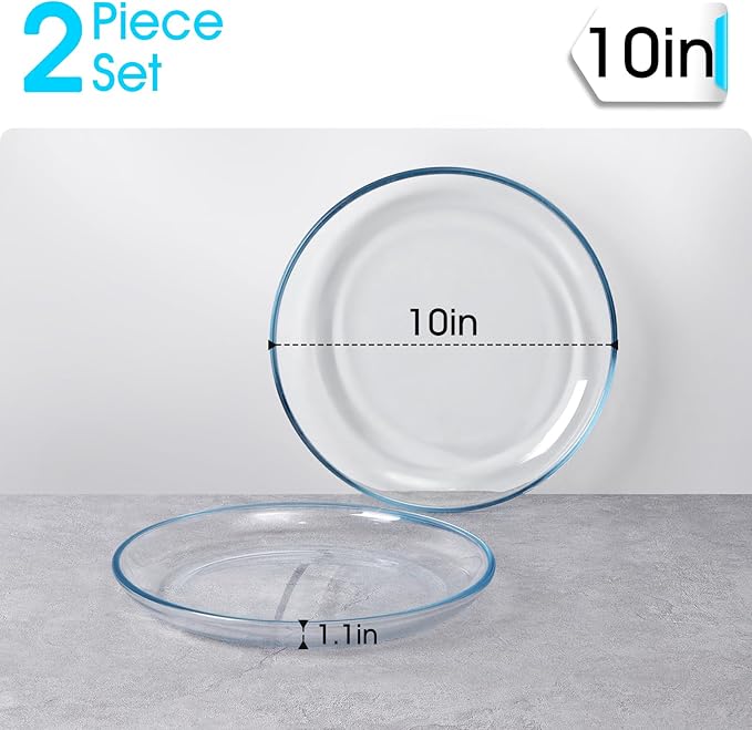 NUTRIUPS 2 Pack 10 inch Glass Plates - with Lipped Edge - Clear Tempered Glass Dinner Plates, Glass Serving Dinnerware for Pasta, Salad, Dishwasher and Microwave Safe