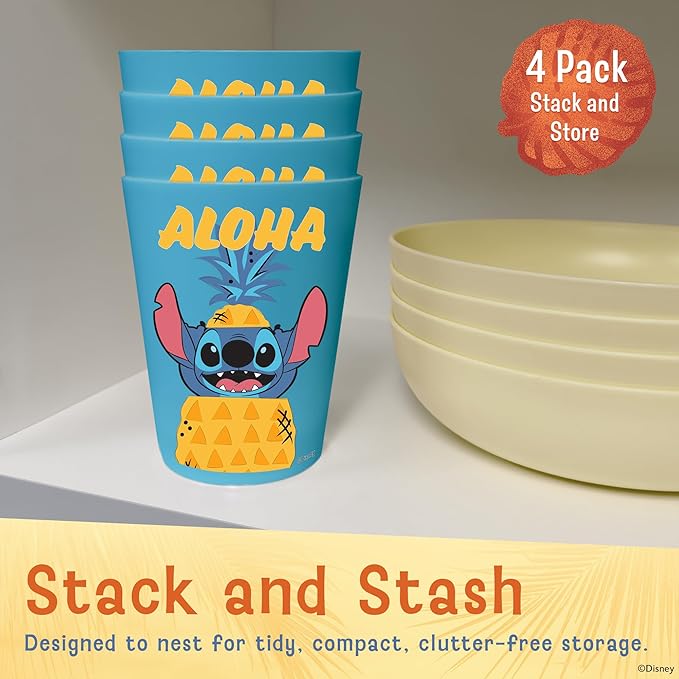 Disney Reusable Plastic Cups – 4 Pack 16 oz Plastic Drinking Glasses with Mickey, Stitch, Pooh, or Disney100 Designs – BPA-Free, Stackable, Top Rack Dishwasher Safe Tumblers for Water, Juice & More