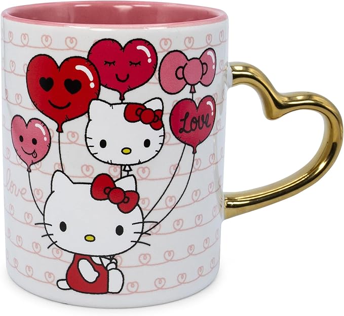 Sanrio Hello Kitty Love Heart-Shaped Handle Ceramic Mug | Large Coffee Cup For Espresso, Caffeine, Beverages, Home & Kitchen Essentials | Cute Valentine's Day Gifts and Collectibles | Holds 14 Ounces