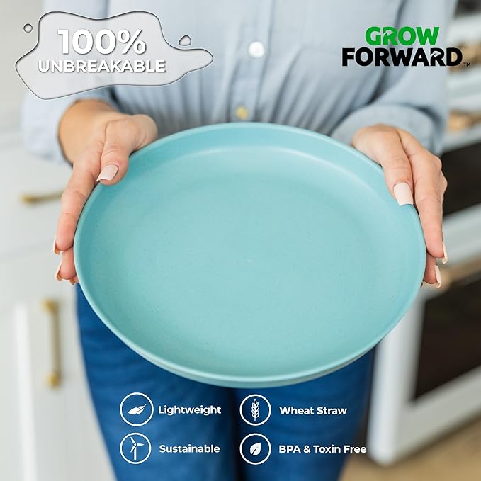 Grow Forward Premium Wheat Straw Plates - 10 Inch Reusable Hard Plastic Dinner Plates Set of 8 - Unbreakable Microwave Safe Plates for Dessert, Camping, RV, Outdoors, Patio, Kitchen Dishes - Tropical