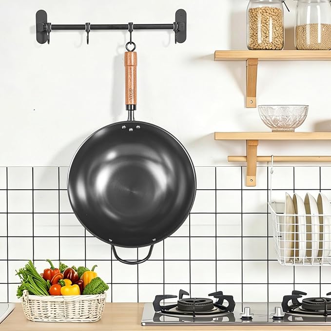 12.6 Inch Carbon Steel Wok with Lid, Flat Bottom Induction Wok Pan, Non-Coated Stir Fry Wok Skillet with Helper Handle, Gas Electric Ceramic Halogen Compatible, Includes Iron Wok Spatula