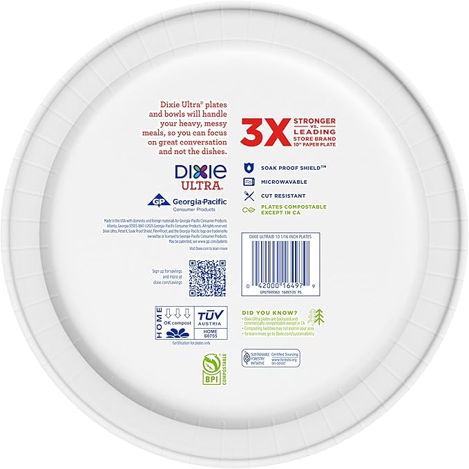 Dixie Ultra, Large Paper Plates, 10 Inch, 172 Count (4 packs of 43 plates), 3X Stronger*, Heavy Duty, Microwave-Safe, Soak-Proof, Cut Resistant, Disposable Plates For Heavy, Messy Meals