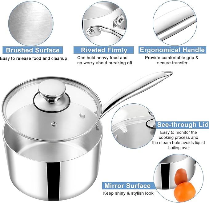 TeamFar 1qt Saucepan with Lid, Stainless Steel Tri-ply Small Cooking Pot Sauce Milk Pan with Ergonomic Handle, for Induction/Gas/Electric/Ceramic, Healthy & Heavy Duty, Dishwasher Safe