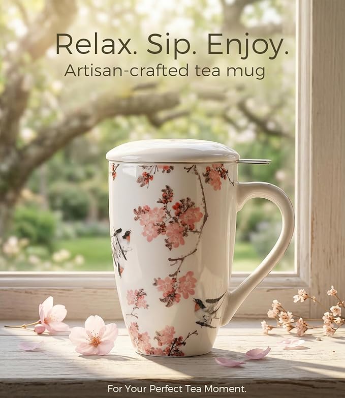 AmorArc Porcelain Tea Mug with Infuser and Lid – 18oz Loose Leaf Tea Cup with Handle, Gift for Tea Lovers (Men & Women)