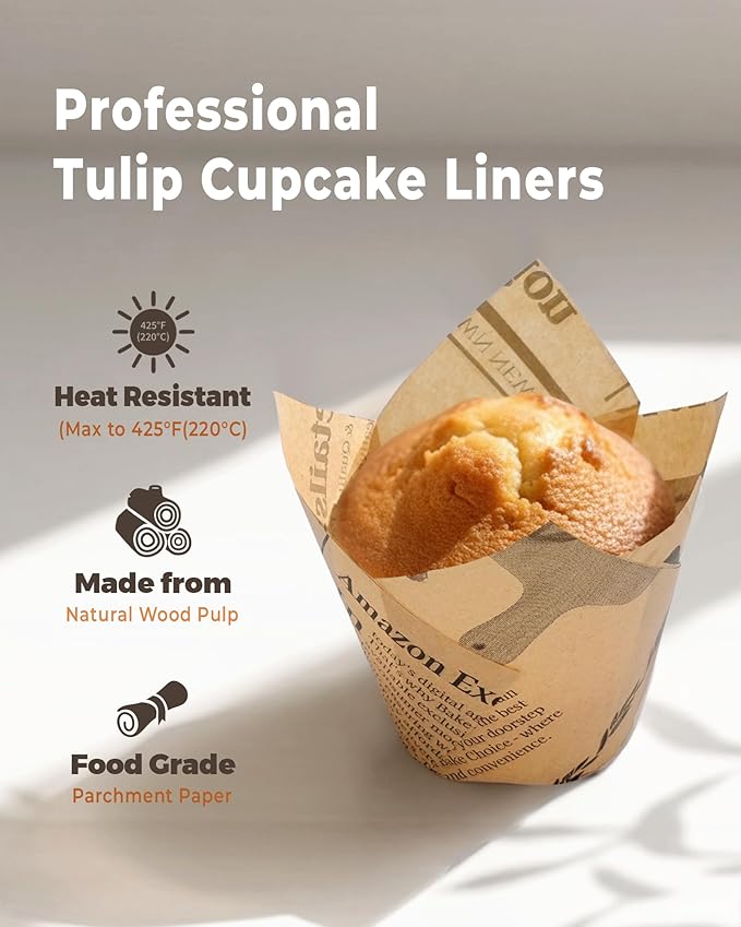 200pcs Tulip Cupcake Liners for Baking Cups Newspaper Print Parchment Paper Tulip Muffin Liners, Grease Resistant Cupcake Wrappers for Party, Christmas