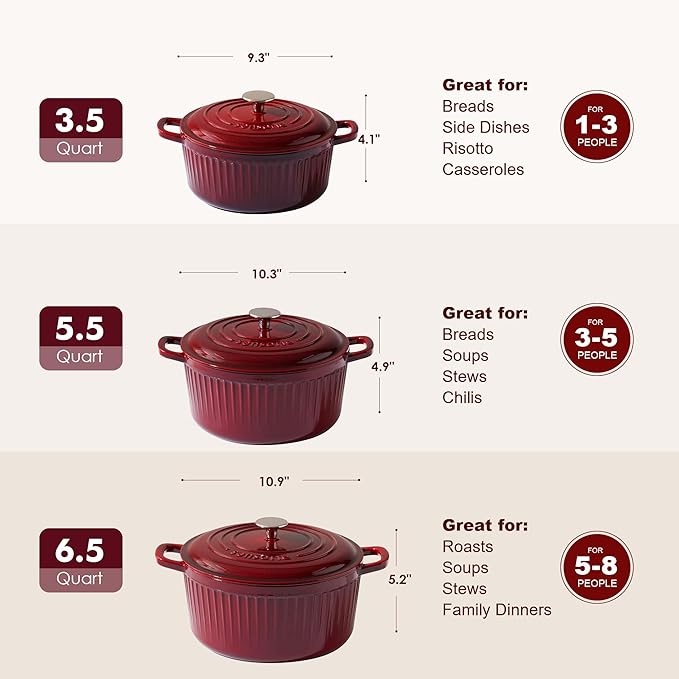 SENSARTE Enameled Cast Iron Dutch Oven Pot with Lid 3.5 Quart Heavy-Duty Round Dual Handles Kitchen Pot with Cotton Potholders & Silicone Trivet, Pot for Bread Baking, Stews, Braising, Roasting, Oven Safe up to 500°F, Red