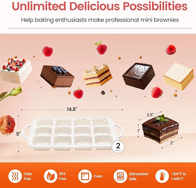 SJ Silicone Brownie Pan with Dividers, Metal-Reinforced Frame, 2-Pack (12 Cavity Each), Nonstick Food-Grade Silicone, Dishwasher Safe—Bakes Neat Squares for Brownies, Bars & Cornbread