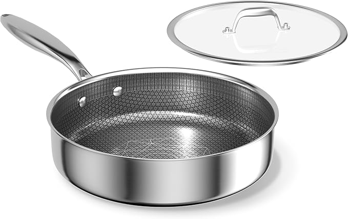 COOKER KING 3.6-Quart Hybrid Stainless Steel Sauté Pan with Lid, 11" Tri-Ply Clad Deep Frying Pan, Nonstick & Non-Toxic Skillet, All Stovetop & Induction Compatible, Oven & Dishwasher Safe
