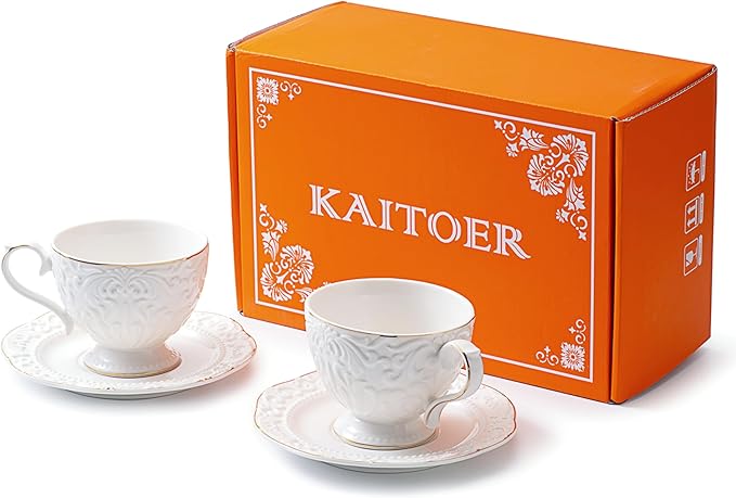 Cups and Saucers Tea Cups Set of 2, Ceramic Coffee Cups with Floral Embossed Design, 200ml (7 oz) Tea Cups and Saucers Porcelain Mugs for Birthday Party Cafe Home Gift
