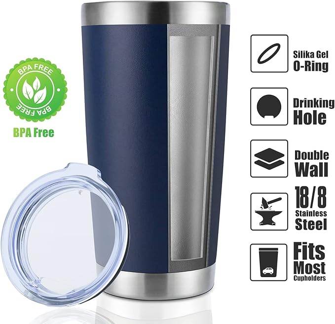 DOMICARE 20oz Stainless Steel Tumbler Bulk with Lid, Double Wall Vacuum Insulated Travel Mug, Powder Coated Coffee Cup, Powder Navy, 8 Pack