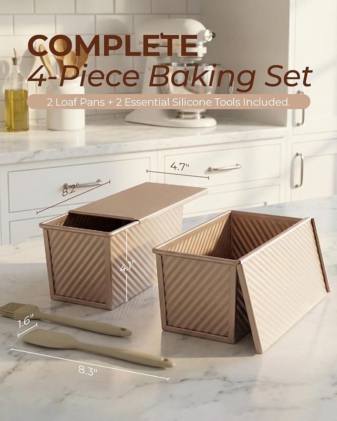 CARTMAN Bread Loaf Pan 2 Pack, 9x4 Pullman Loaf Pan with lid and a Silicone Spatula and Basting Pastry Brush, 1 lb Dough Capacity,Non-Stick Carbon Steel bread pans for homemade bread Champagne Gold