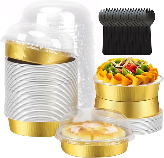 LNYZQUS 8oz Mini Cake Pans with Lids 50 Pack, Disposable Aluminum Foil Small Cake Pans 4 Inch Pie Tart Baking Tins,Individual Cheesecake Creme Brulee Pans Contaniers-Gold