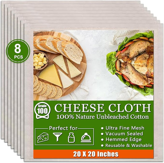 8 Pcs Cheese Cloths, 100% Unbleached Cotton, 20x20 Inch Cheesecloth for Straining, Grade 100 Ultra-Dense Cheese Cloth With Fabric Fine Mesh Cloth for Cooking, Juicing, Baking, Cheese Making