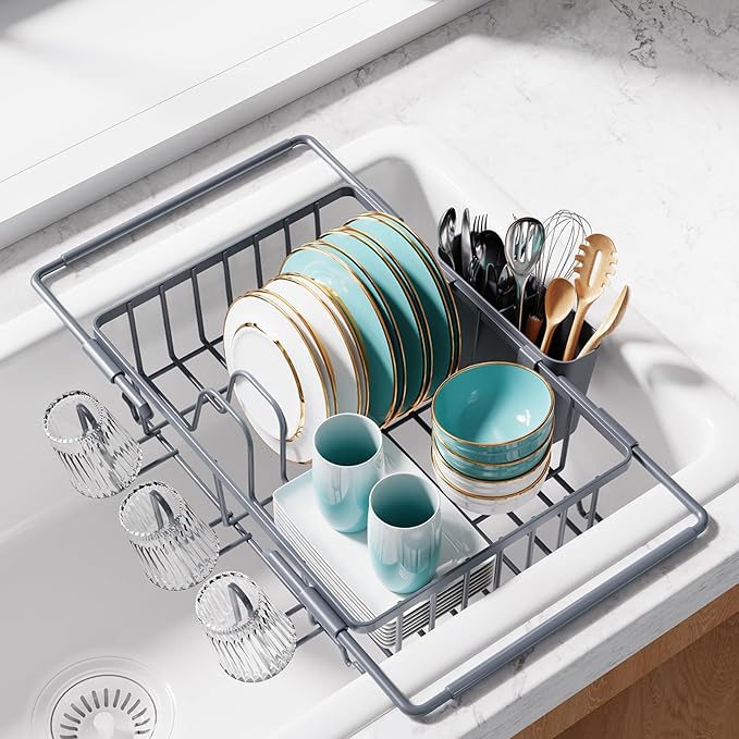 Dish Drying Rack in Sink - Expandable Stainless Steel Dish Rack Over the Sink, Kitchen Sink Drain Strainer with Cutlery Holder & Cup Holders, 15.4 x 9.8 x 3.0 Inch, Silver