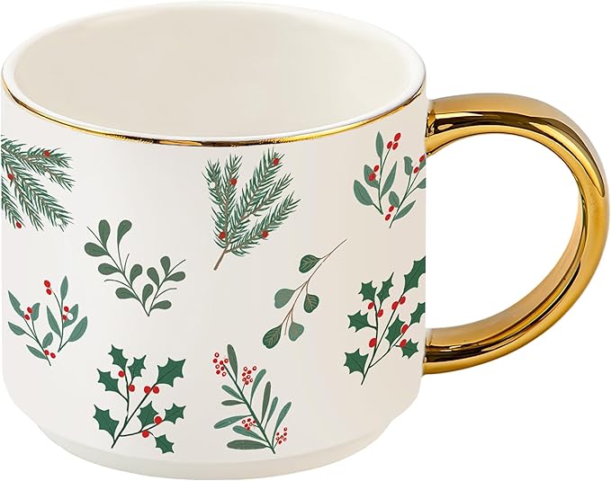 Sweet Water Decor Holiday Greenery Coffee Mug, 14oz China Christmas Mug with Gold Handle, Large Holiday Winter Cup for Coffee, Tea & Hot Chocolate, Stocking Stuffer Gifts for Women