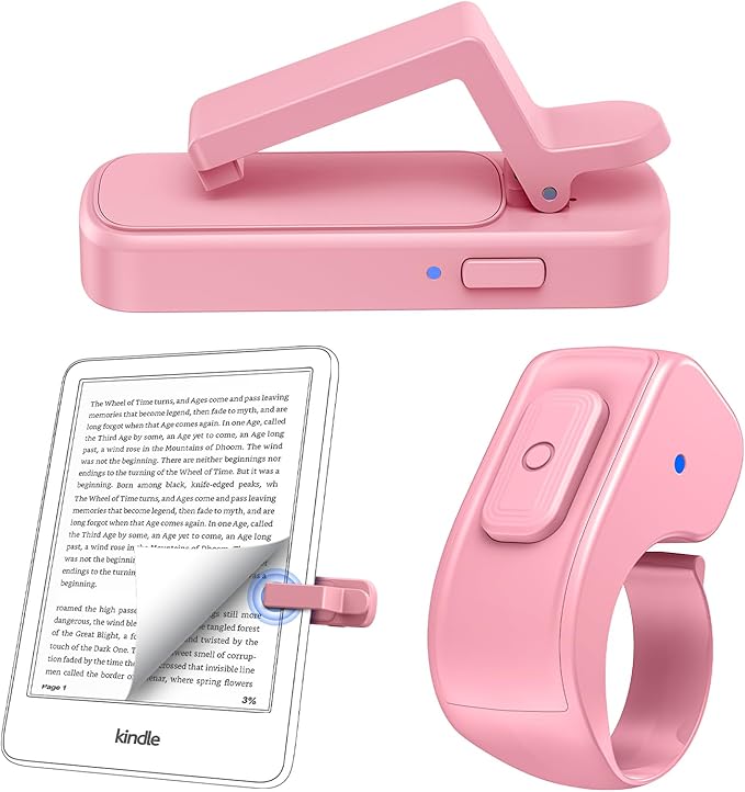 Remote Page Turner Ring for Kindle Paperwhite Oasis Scribe Kobo,Designed for Thick Cases Clicker Page Turner Camera Remote for iPhone iPad Android Tablets Reading Novels Comics with Storage Bag-Pink