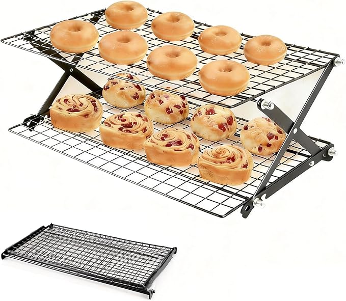 Collapsible Cooling Rack with Adjustable 3 Setting, Wire Cooling Roasting Cooking Baking Drying Rack for Cookies Bread (2-Tier)