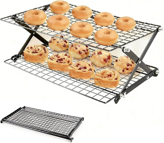 Collapsible Cooling Rack with Adjustable 3 Setting, Wire Cooling Roasting Cooking Baking Drying Rack for Cookies Bread (2-Tier)