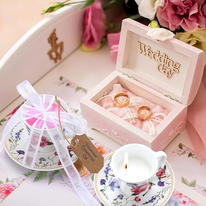 Nuanchu 4 Set Mini Vintage Tea Cup Candle Floral Cups with Saucer Tea Party Candles Gifts Oils Aromatherapy for Meditation Relief Mood Bridal Wedding Birthday Gift(Colorful)