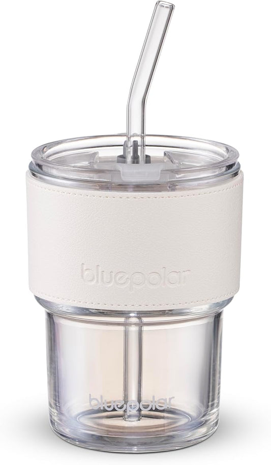 13oz/400ml Glass Water Tumbler with Straw and Lid Sealed Carry on Thick Wall Iced Coffee Cup for Water, Iced Tea, Fruit Juice (White with Protective Sleeve)