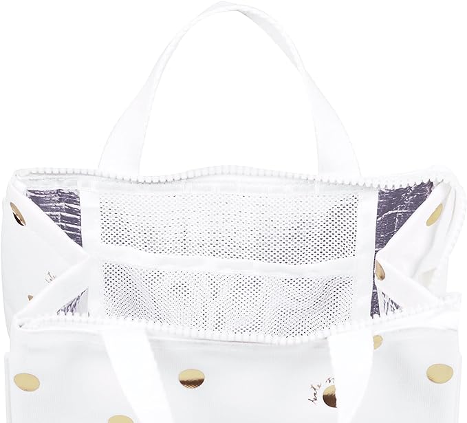 kate spade new york Portable Soft Cooler Lunch Bag, Thermal Tote with Insulated Interior Lining and Storage Pocket, Lunch Tote for Women, Gold Dot with Script