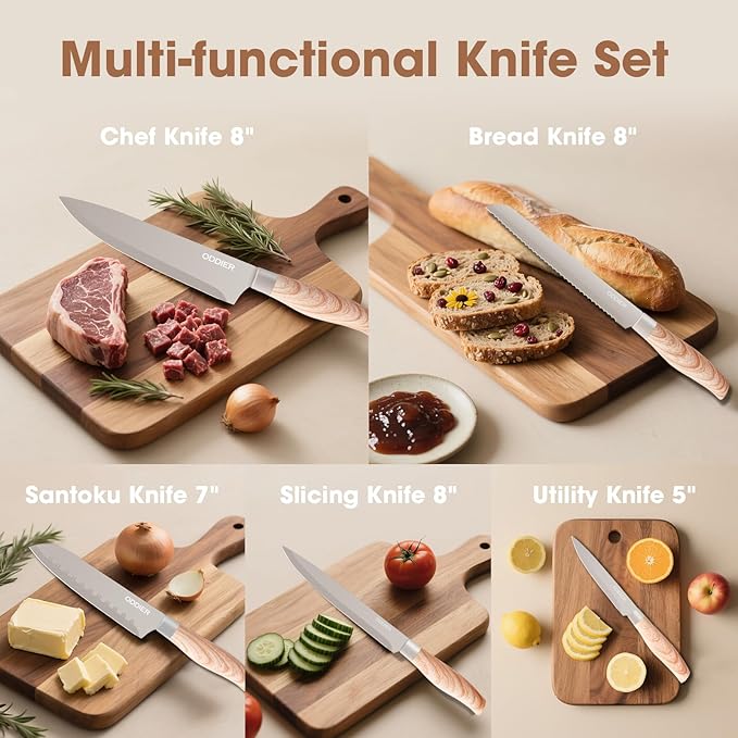 Knife Set, 8 Piece Kitchen Knife Set, Stainless Steel Knives Set for Kitchen, Universal Knife Block Set, Kitchen Kinfe Essentials, New Home Apartment Essentials, Dishwasher Safe (Khaki)