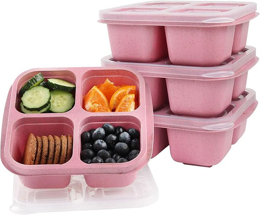 4 Pack Snack Containers, 4 Compartment Snackle Box Container, Reusable Meal Prep Lunchable Container, Microwave Dishwasher Safe, Divided Food Storage Containers for Work Travel (Pink)