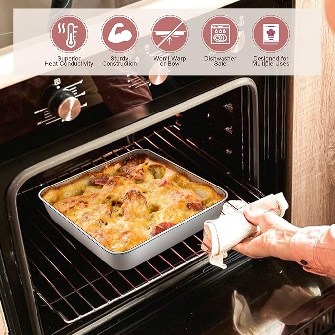 E-far 9 Inch Square Cake Pan with lid, 9x9 Baking Brownie Pans Stainless Steel Bakeware Set of 2, Non-toxic & Healthy, Easy Clean & Dishwasher Safe - 4 Pieces(2 Pans + 2 Lids)