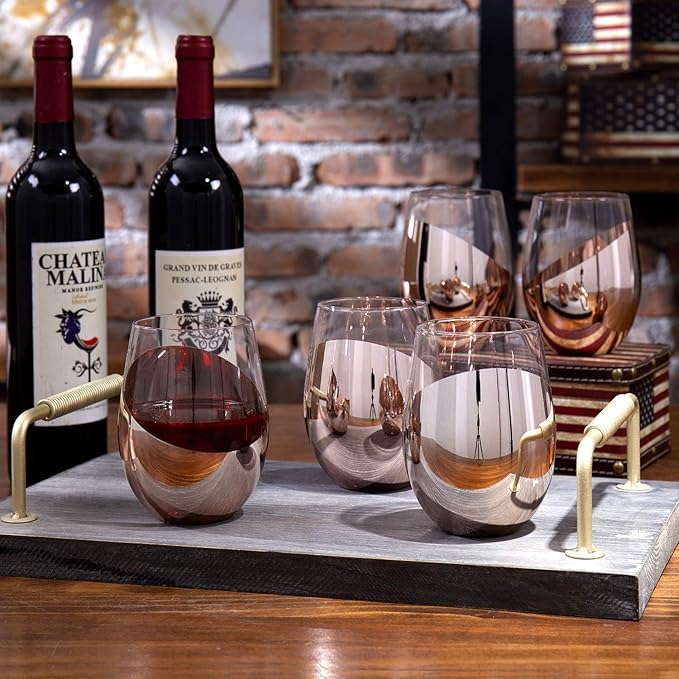 MyGift Stemless Wine Glasses Set of 6 - Copper Metallic Bottom Angled Design, Modern Barware for Red & White Wine, Dishwasher Safe Entertaining Glasses