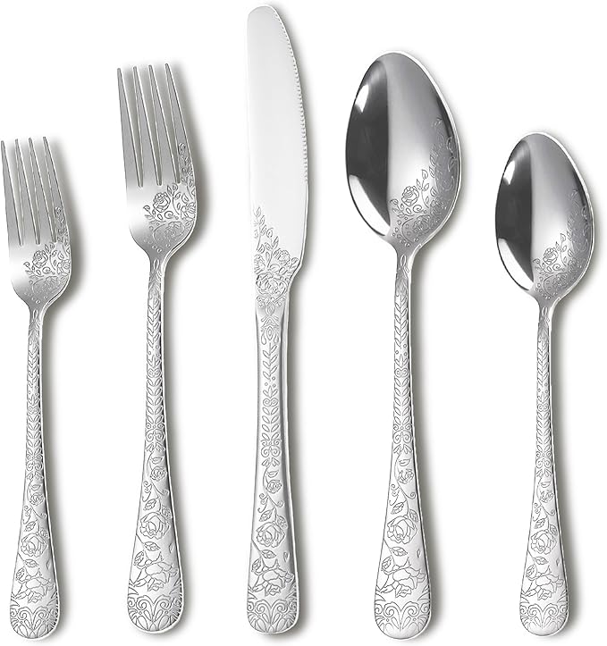 Runfly Vintage Carved Floral Silver Silverware Set for 4, Stainless Steel 20-Piece Flatware Set with Knife/Fork/Spoon, Cutlery Set for Home and Kitchen, Modern Utensil Set