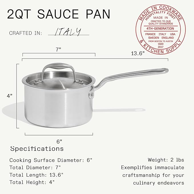 Made In Cookware | 2 QT Ceramic Non Stick Saucepan with Lid | 5-Ply Stainless Clad with Stay-Cool Handle | Professional Cookware | Crafted in Italy | Induction Compatible