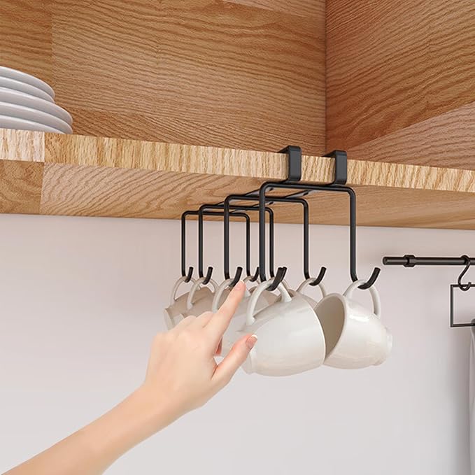 Mug Holder Under Cabinet,2pcs Coffee Mug Organizer for Kitchen,Fit for 0.8 Inch Thickness Shelf or Less,Nail Free Adhesive Coffee Cups Holder Hanger for Cups/Kitchen Utensils/Keys Storage (Black)