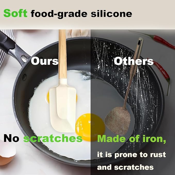 3-Piece Heat Resistant Silicone Spatula Set for Baking - Wooden Handle Spatula Baking Spatula, Non-Stick for Cooking, Mixing, Frosting & Jams (Beige)
