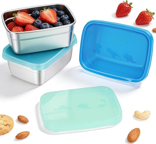 3-Pack Stainless Steel Snack Containers for Kids & Toddlers - 550ml (18oz) Leakproof Colorful Lids with Cute Dinosaurs | LFGB Certified, Stackable Metal Lunch Box for Daycare, School, Travel
