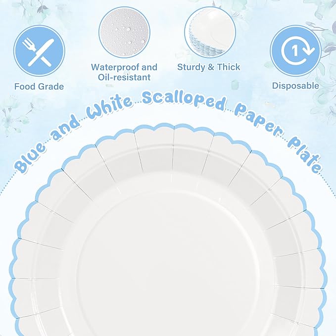 30 Pcs Blue and White Paper Plates, 9 Inch Baby Shower White Dinner Plates, Baby Blue Scalloped Paper Plates Party Supplies for Baby boy Shower, Wedding, Birthday, Bridal Shower