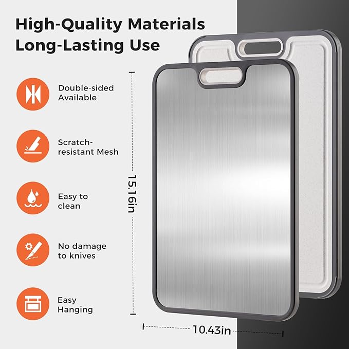 Stainless Steel Cutting Board for Kitchen, Cutting Board Double Sided Food Grade, 304 Stainless Steel/Wheat straw PP Large Board for meat,non toxic Chopping, Dishwasher Safe Size 15"×10"